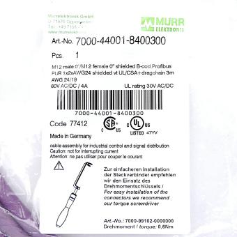 Profibus Cable M12 St. 0° / M12 Bu. 0° B-cod. 