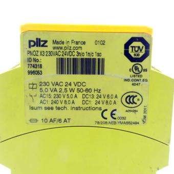 Sicherheitsschaltrelais PNOX X3 230VAC 24VDC 3n/o 1n/c 1so 