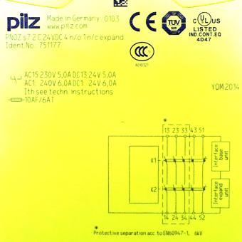 Contact multiplication Outputs: 4S, 1Ö PNOZ S7.2 C 24VDC 4N/O 1N/C EXPAND 