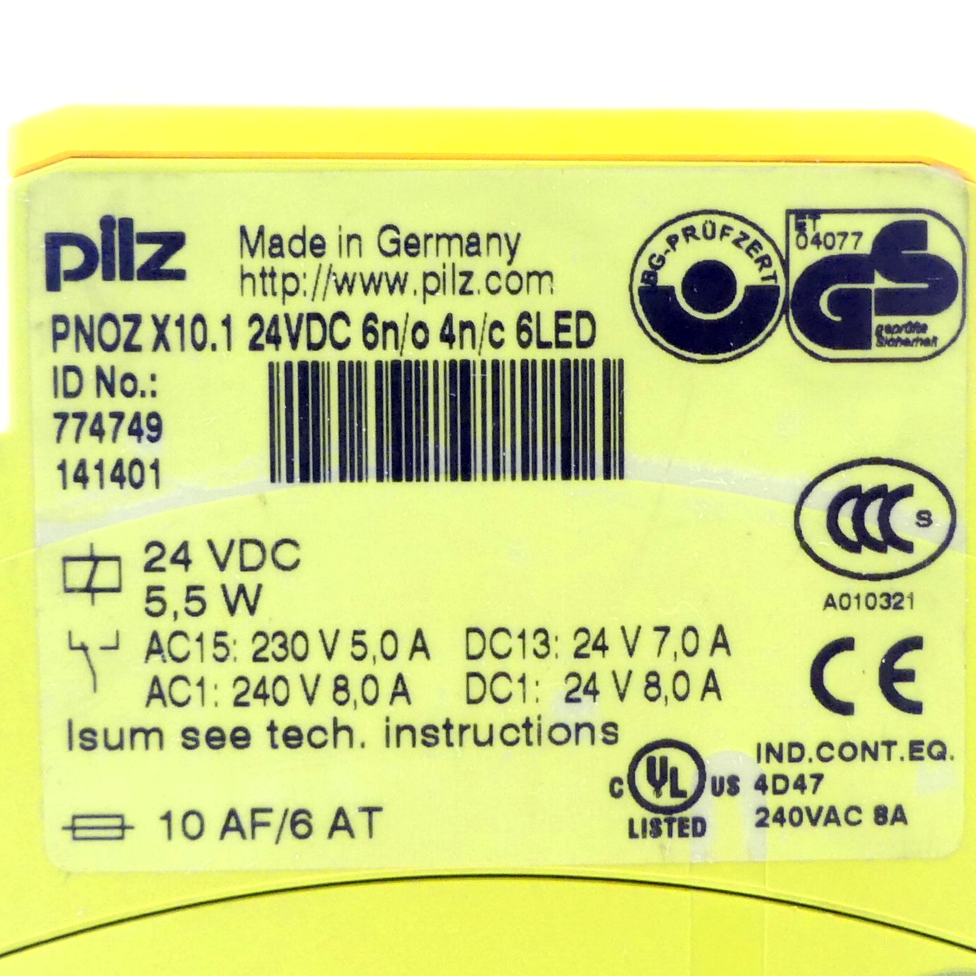 Safety switchgear PNOZ X10.1 24VDC 6n/o 4n/c 6LED 