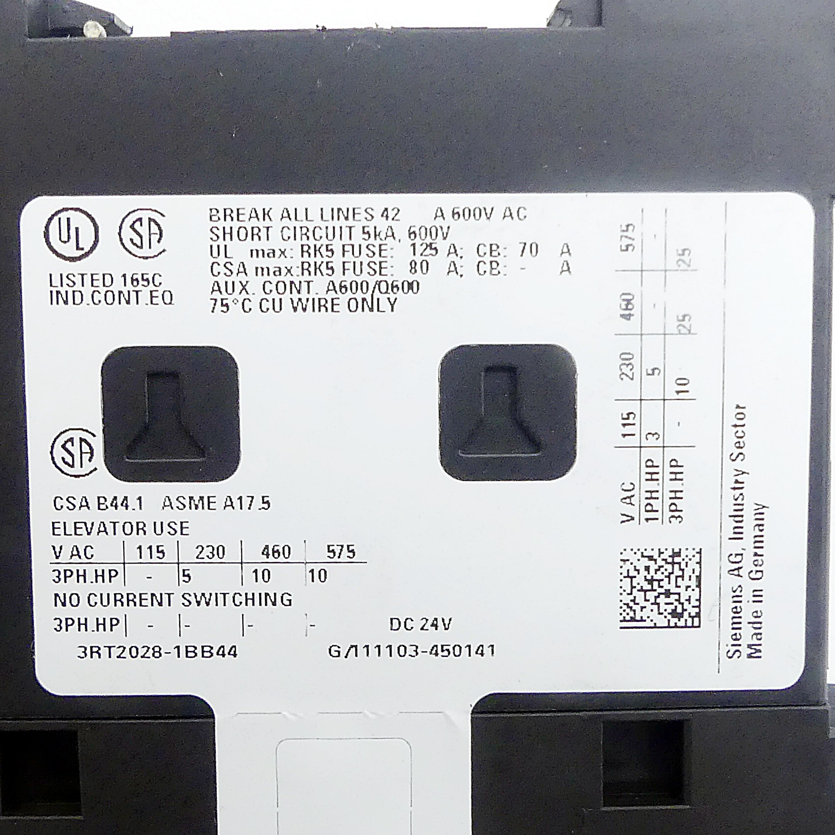 Power contactor 3RT2028-1BB44 