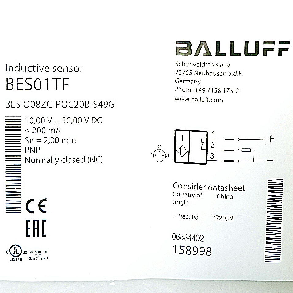 Induktiver Standardsensor BES Q08ZC-POC20B-S49G 