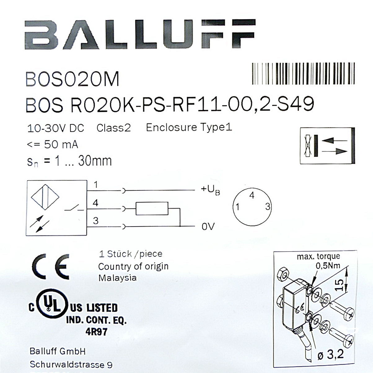 Light sensor with background suppression BOS020M 