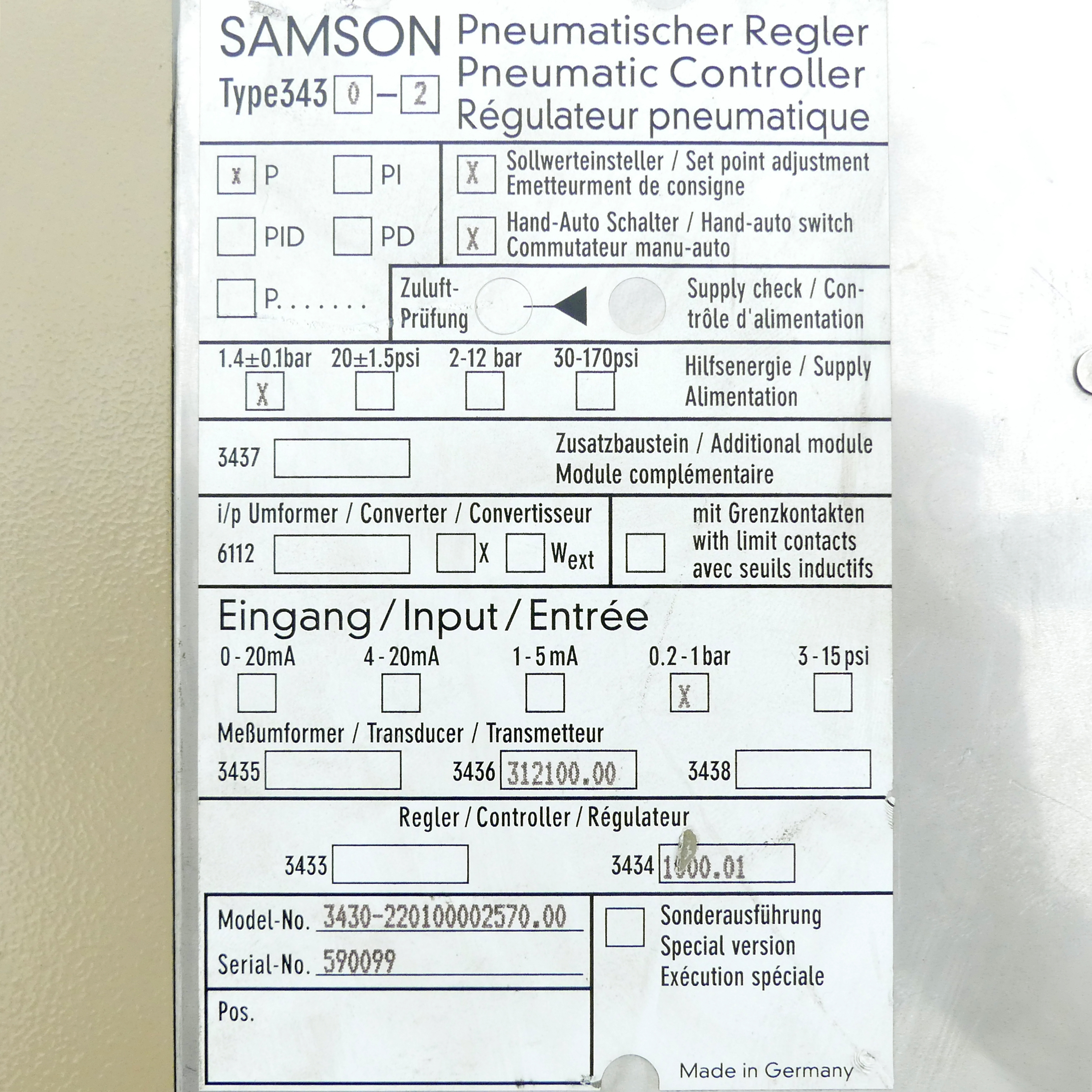 Pneumatic Controller 3430-2 