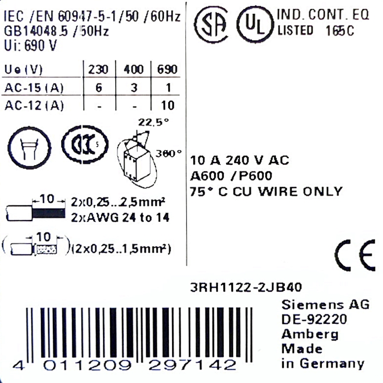 Auxiliary contactor 3RH1122-2JB40 